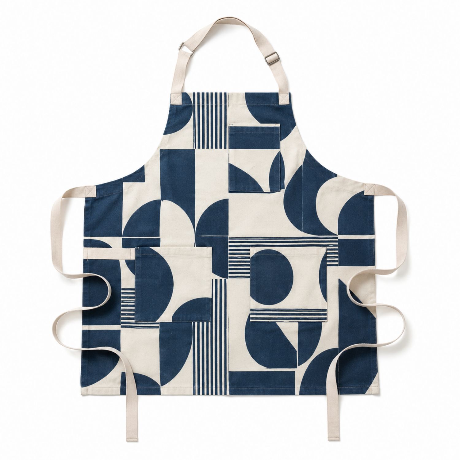 Tablier de Cuisine Design Géométrique Bleu et Crème