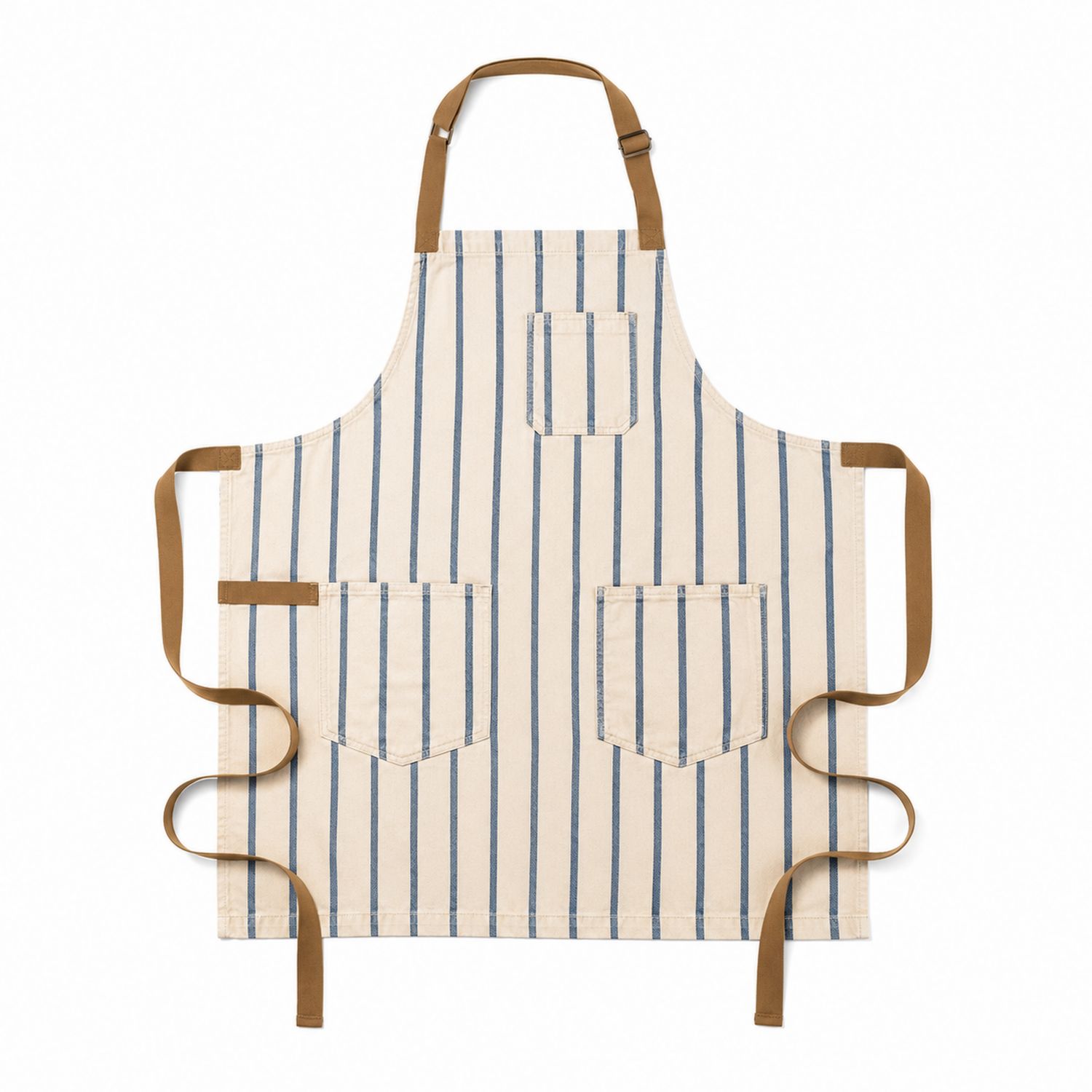 Tablier de cuisine à rayures bleu et marron avec poches