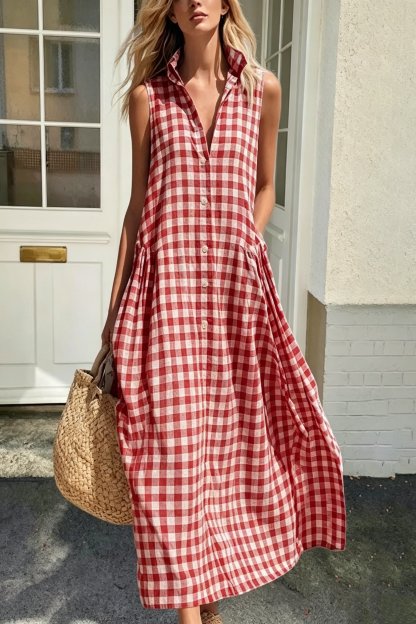 Women's Plaid Sleeveless Maxi Dress with Pockets（Buy 2 Free Shipping）