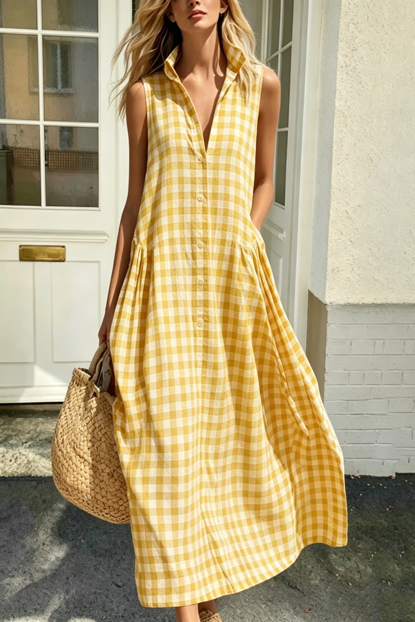 Women's Plaid Sleeveless Maxi Dress with Pockets（Buy 2 Free Shipping）
