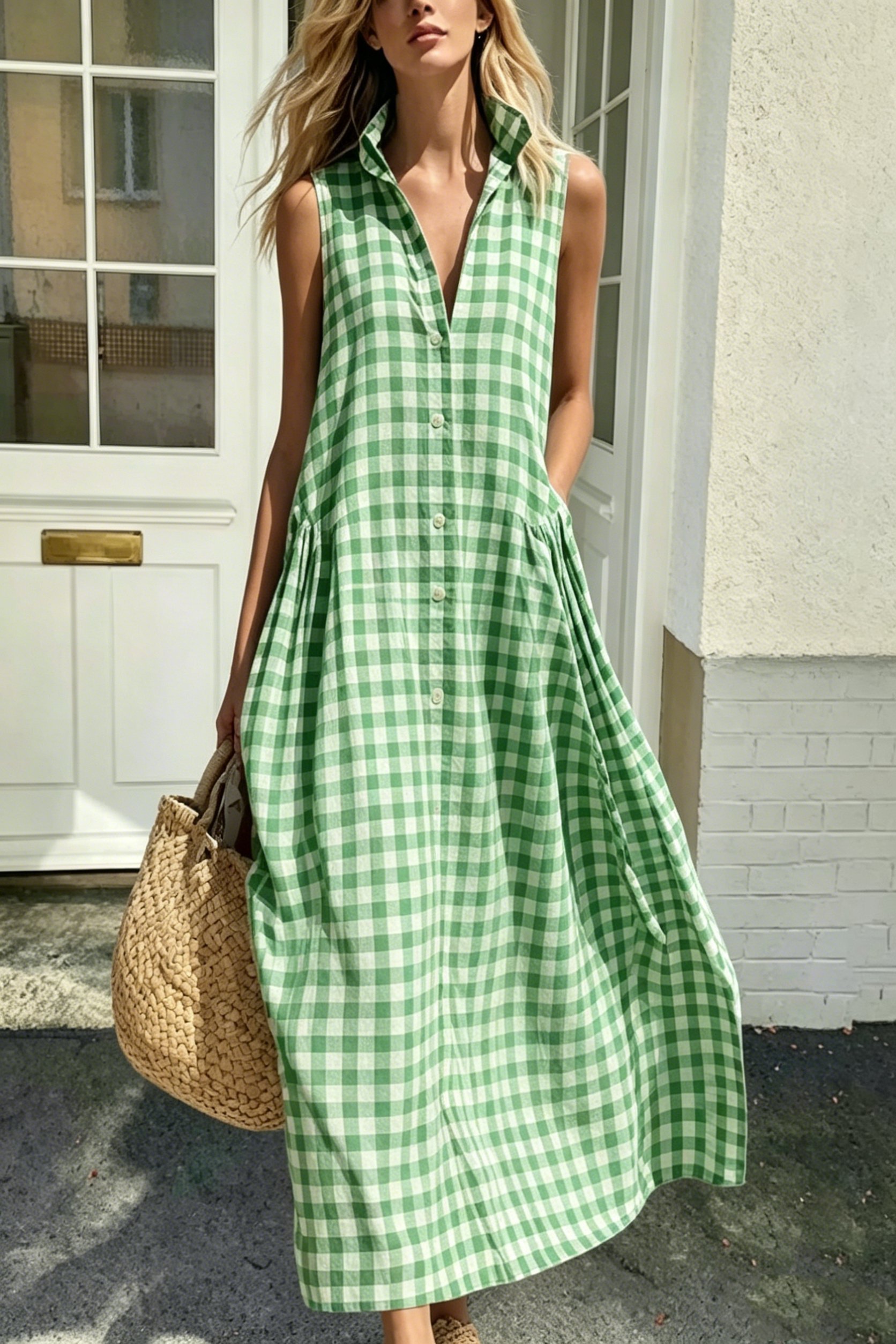 Women's Plaid Sleeveless Maxi Dress with Pockets（Buy 2 Free Shipping）