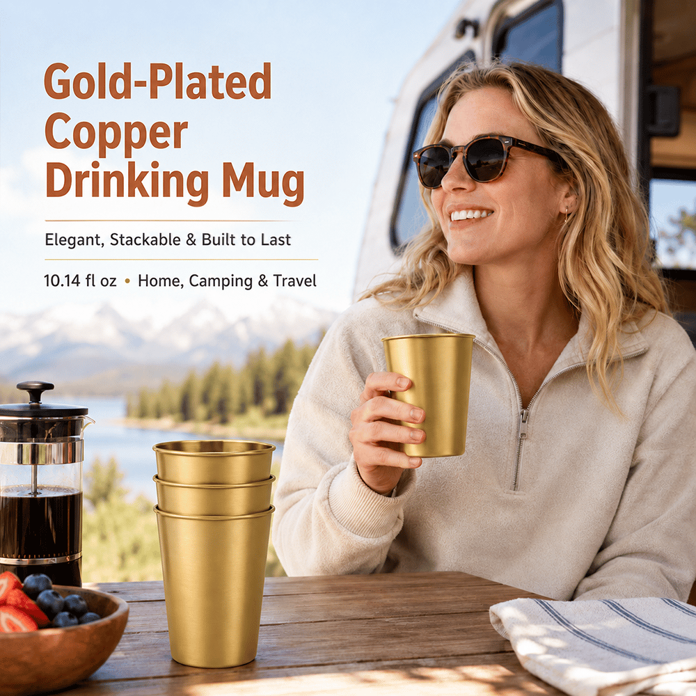 🥇Premium Copper Drinking Mug – 10.14 fl oz (approx. 300 ml) Stackable and reusable, perfect for home, camping, and outdoor adventures