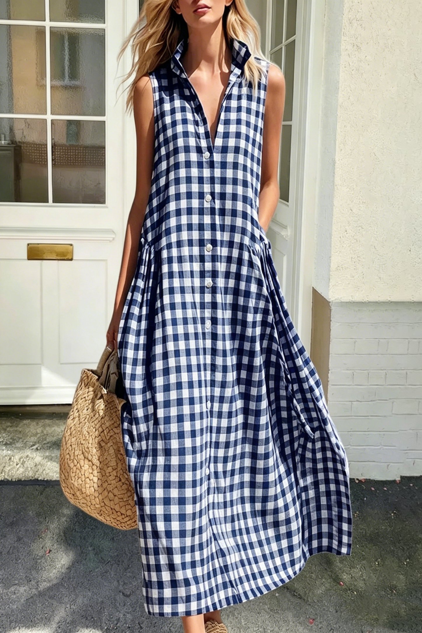 Women's Plaid Sleeveless Maxi Dress with Pockets（Buy 2 Free Shipping）