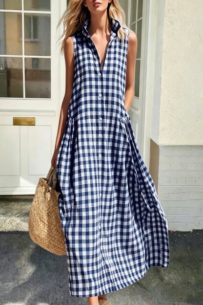 Women's Plaid Sleeveless Maxi Dress with Pockets（Buy 2 Free Shipping）