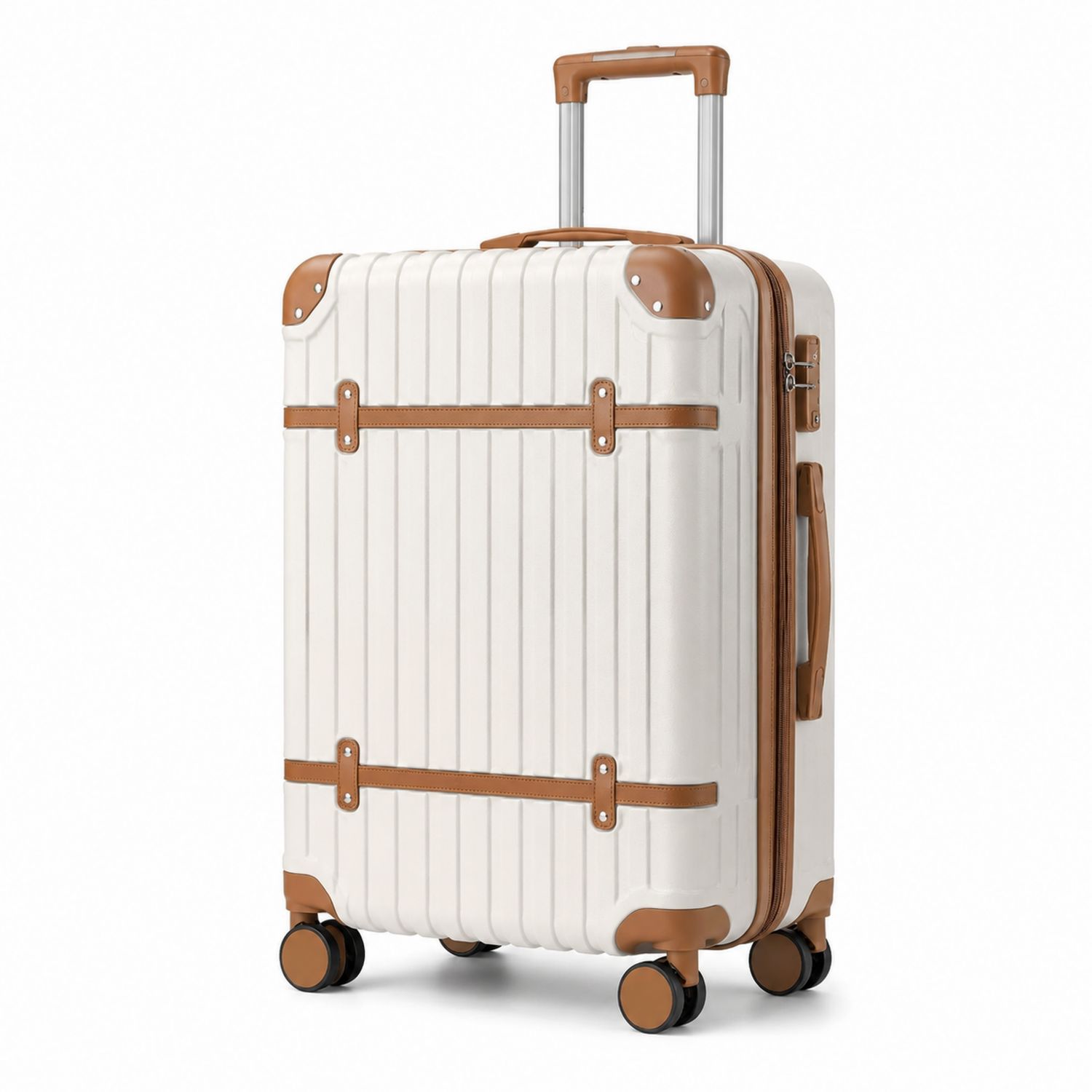 Valise à roulettes rigide blanche et marron 65cm