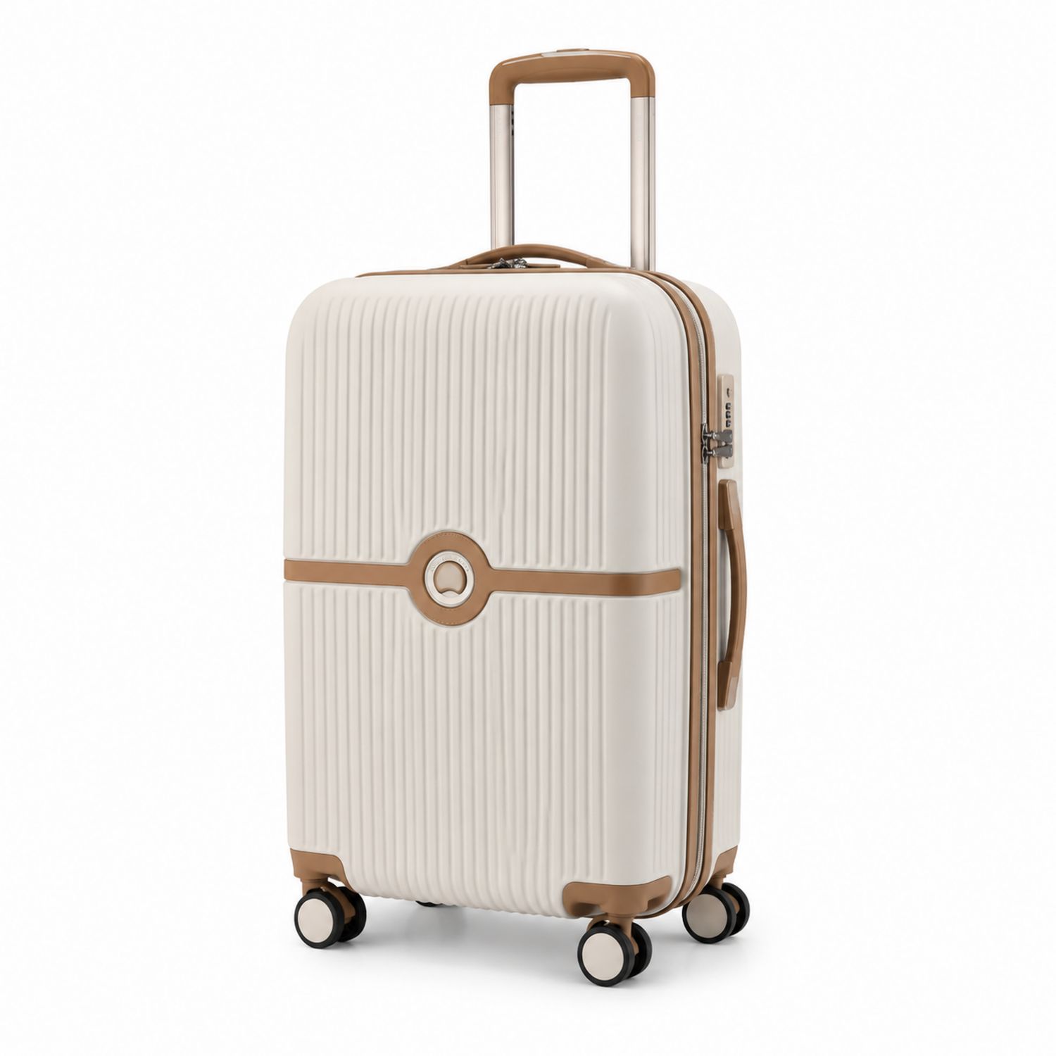 Valise rigide à roulettes blanc cassé et camel