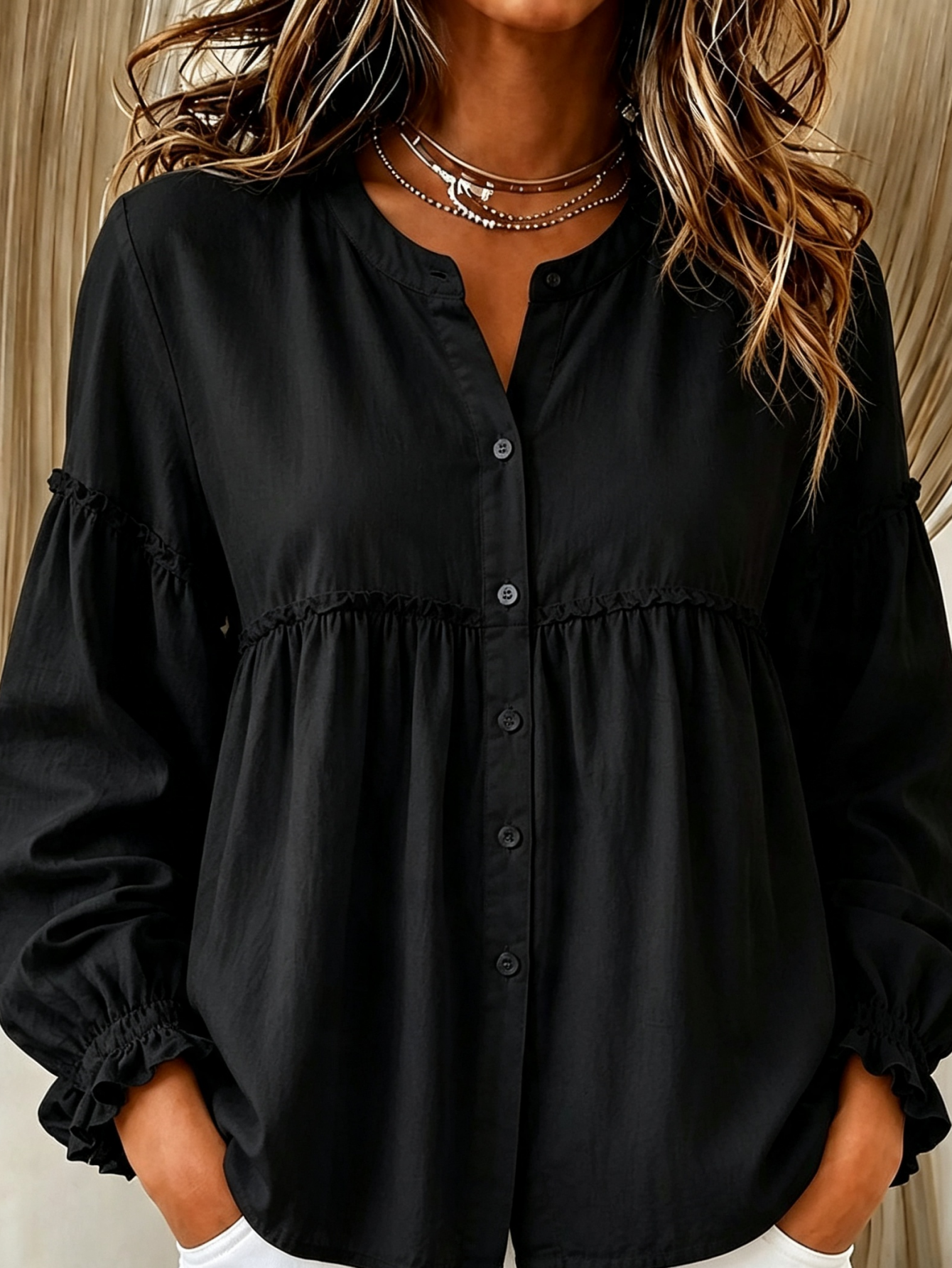 Ruffle Trim Babydoll Long Sleeve Button Down Blouse