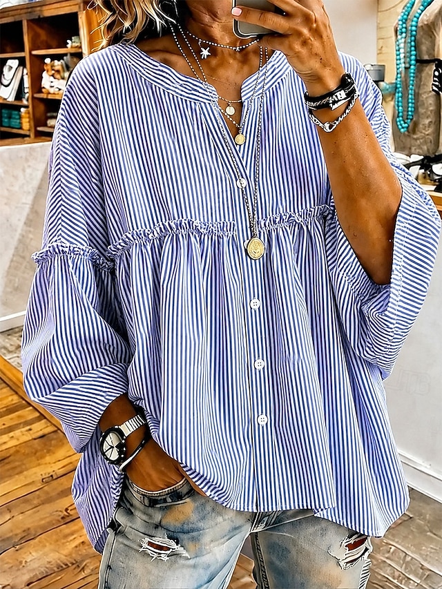 Ruffle Trim Babydoll Long Sleeve Button Down Blouse
