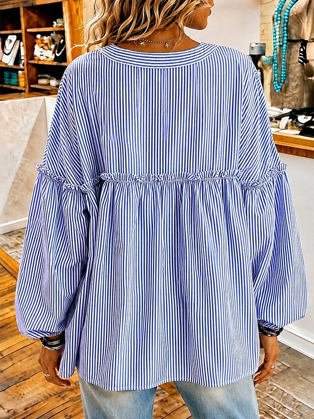 Ruffle Trim Babydoll Long Sleeve Button Down Blouse