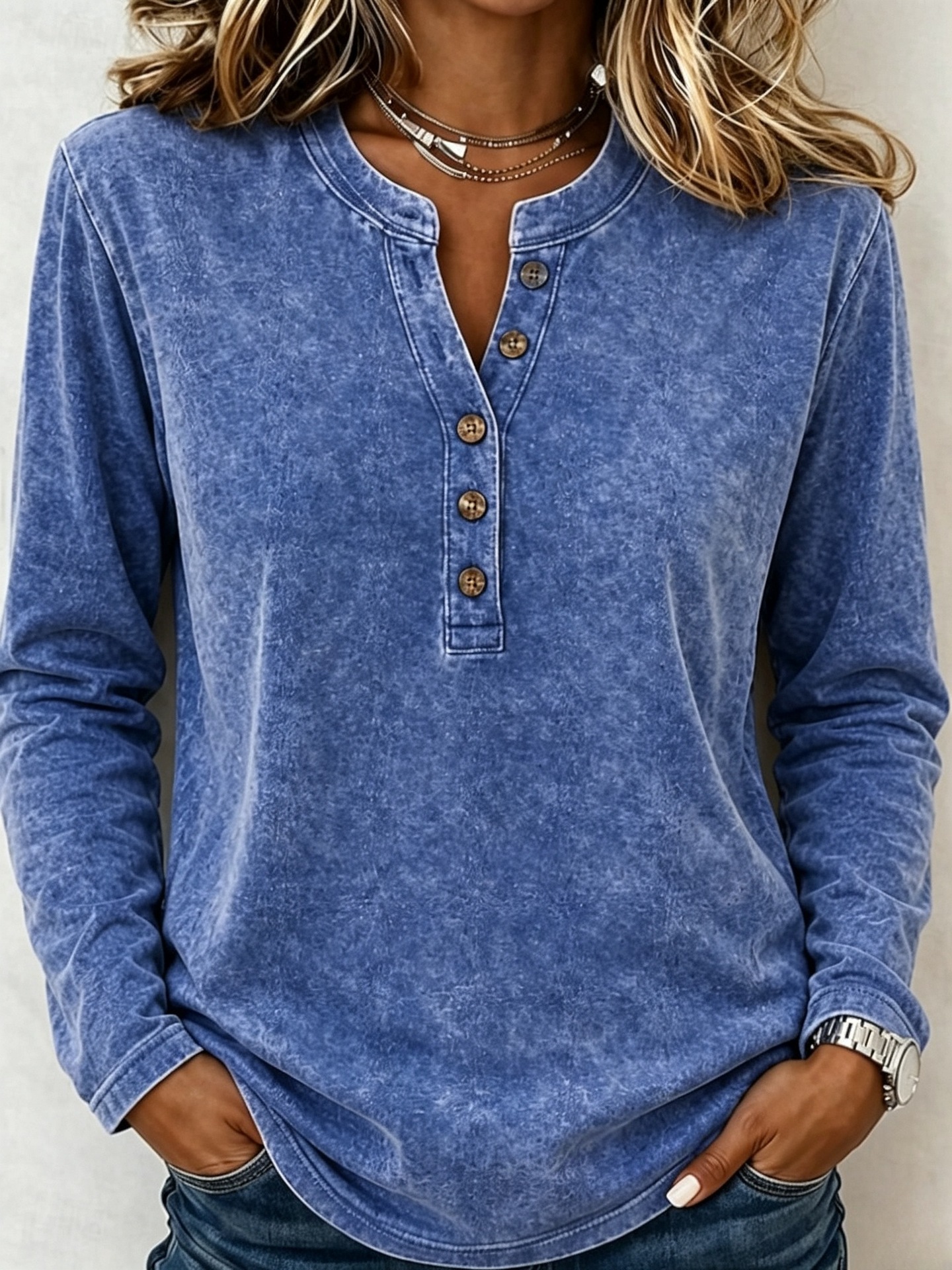 Washed Henley Neck Long Sleeve Polo Shirt