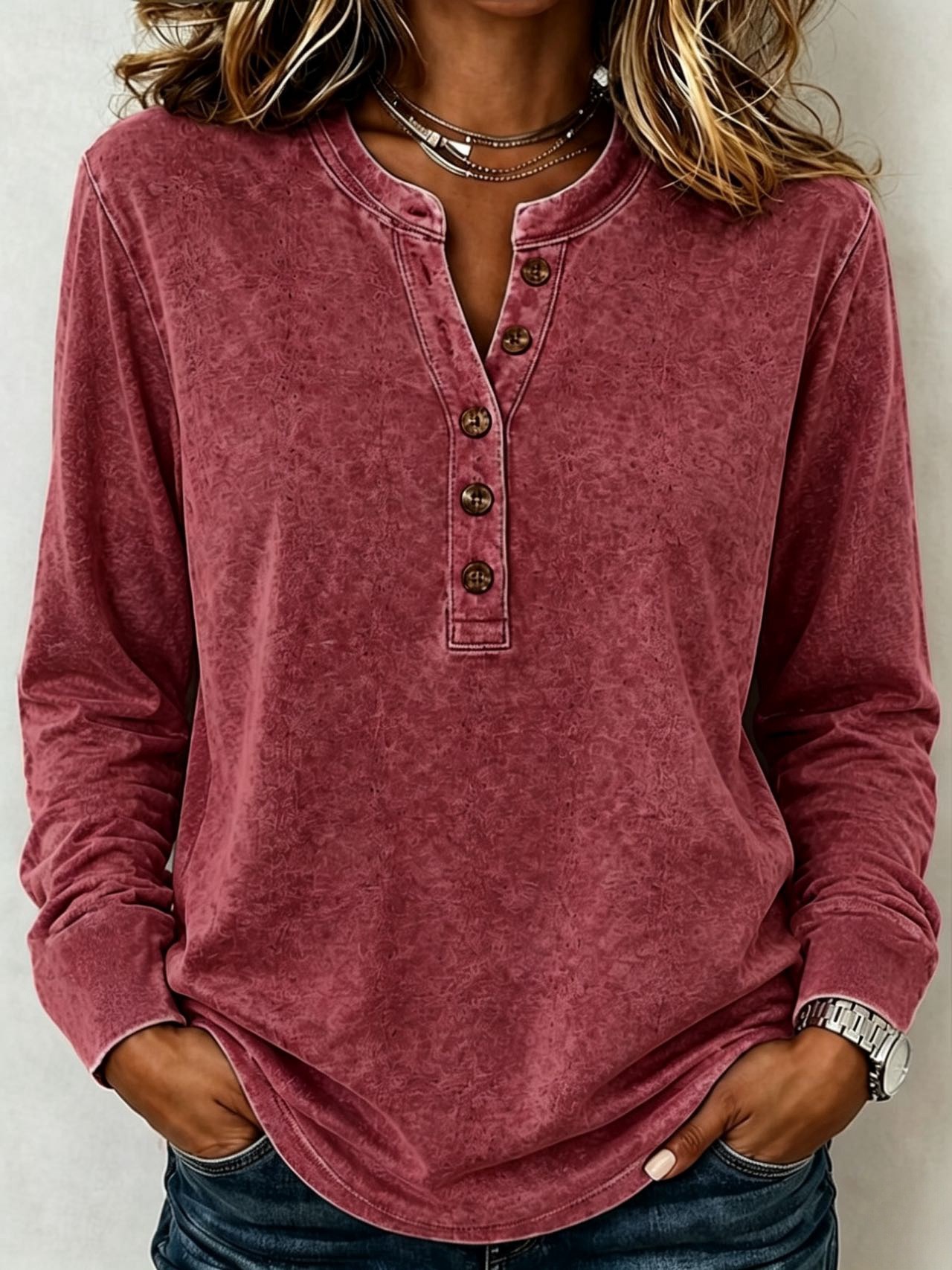 Washed Henley Neck Long Sleeve Polo Shirt