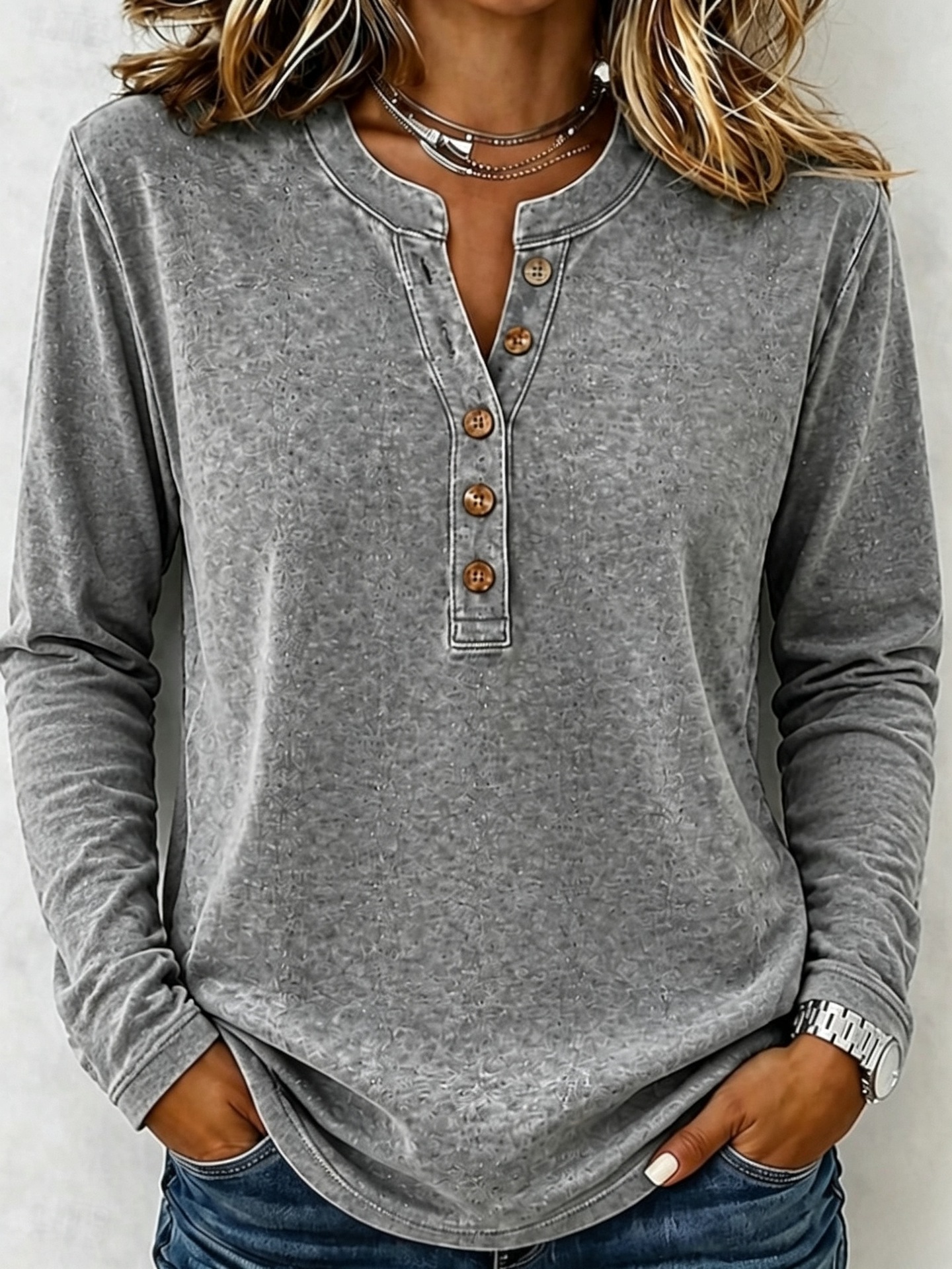 Washed Henley Neck Long Sleeve Polo Shirt