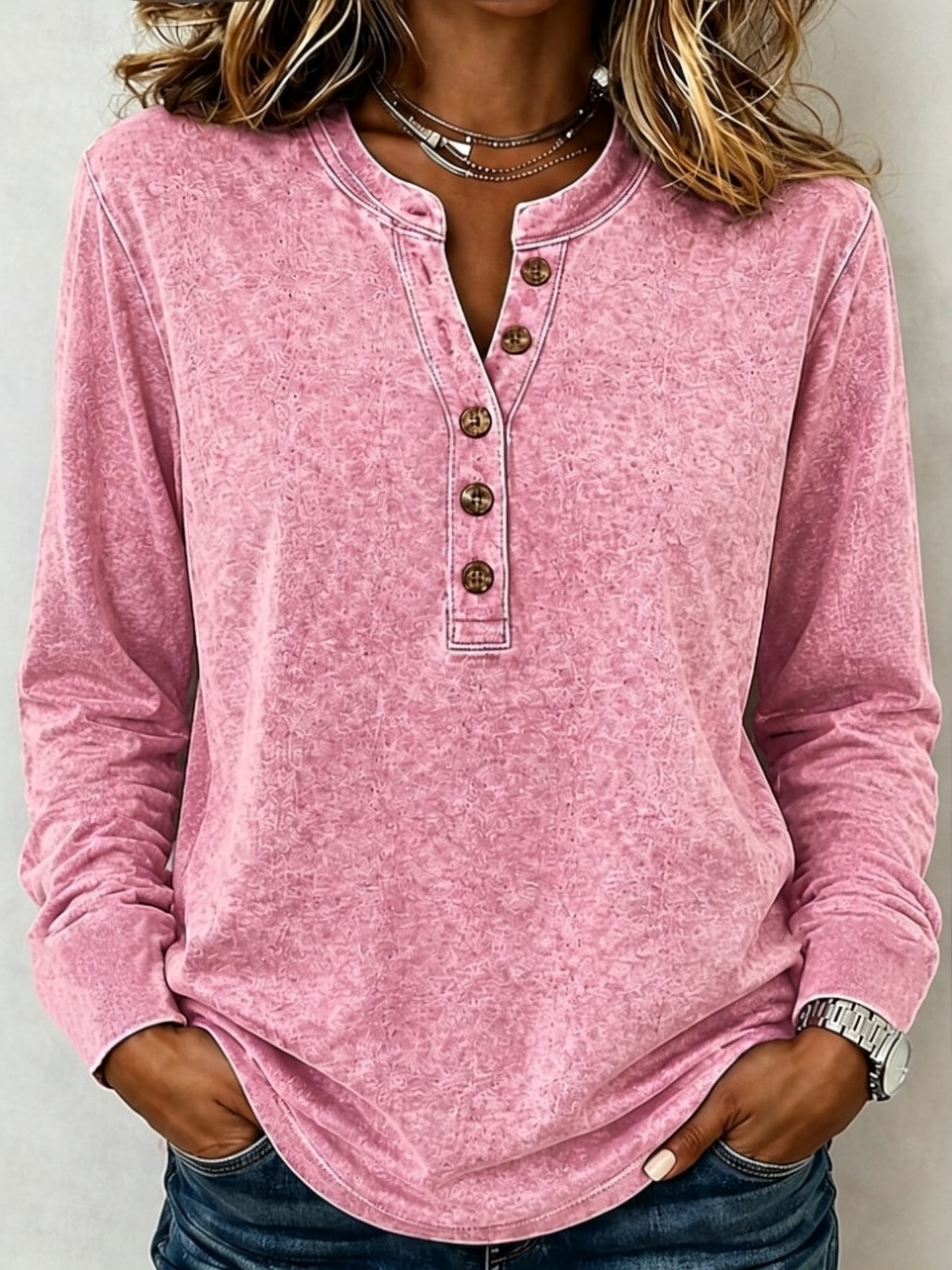 Washed Henley Neck Long Sleeve Polo Shirt
