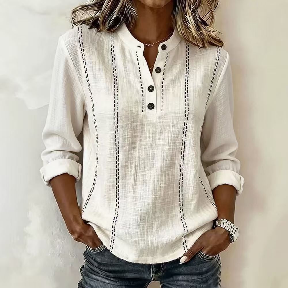Cotton Linen Henley Neck Long Sleeve Polo Shirt
