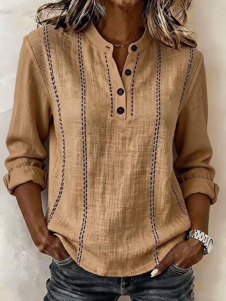 Cotton Linen Henley Neck Long Sleeve Polo Shirt