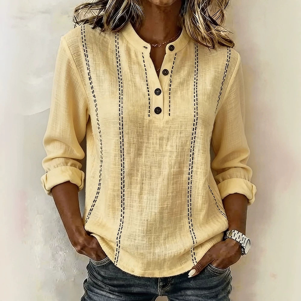 Cotton Linen Henley Neck Long Sleeve Polo Shirt