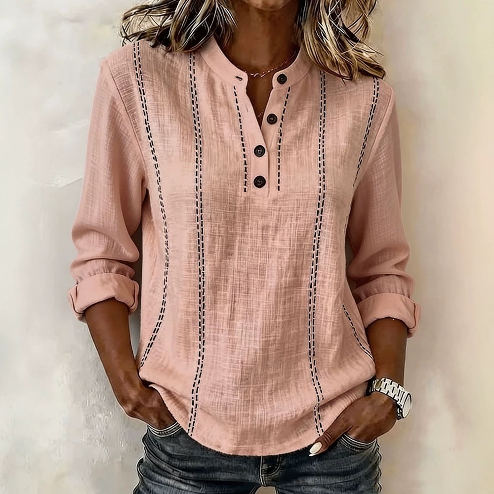 Cotton Linen Henley Neck Long Sleeve Polo Shirt