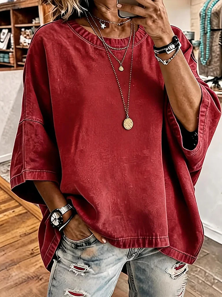Washed Denim Round Neck Loose Short Sleeve Top