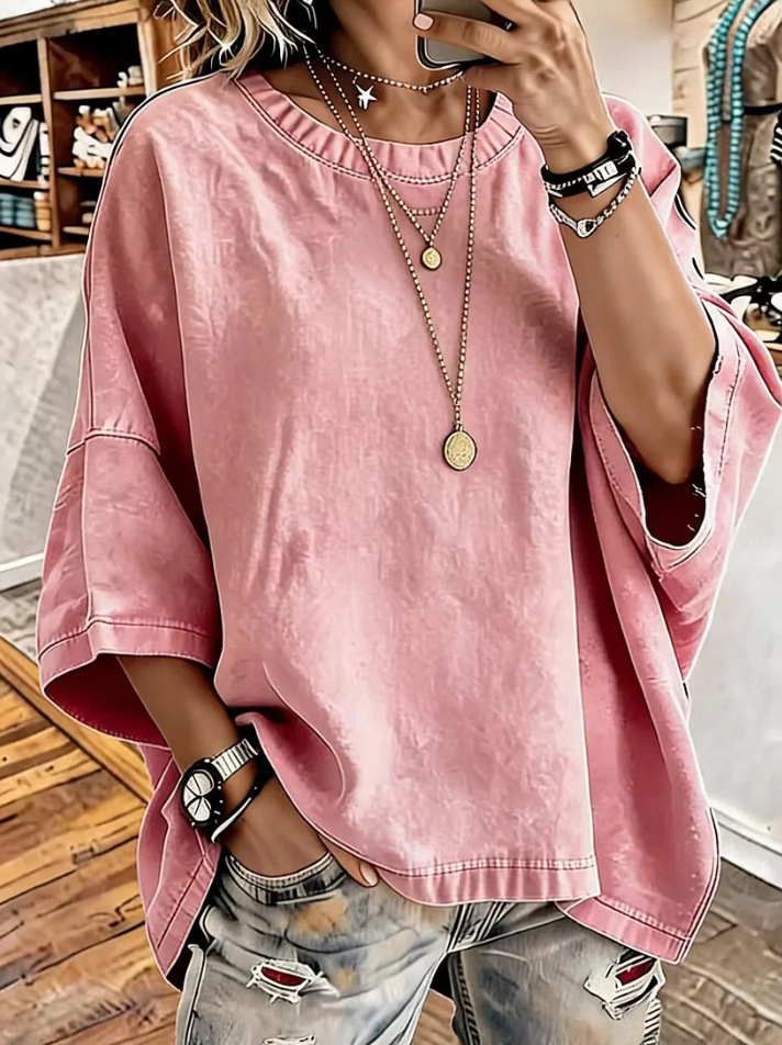 Washed Denim Round Neck Loose Short Sleeve Top