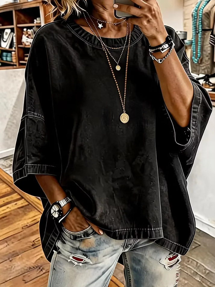 Washed Denim Round Neck Loose Short Sleeve Top