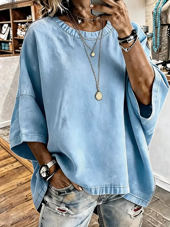 Washed Denim Round Neck Loose Short Sleeve Top