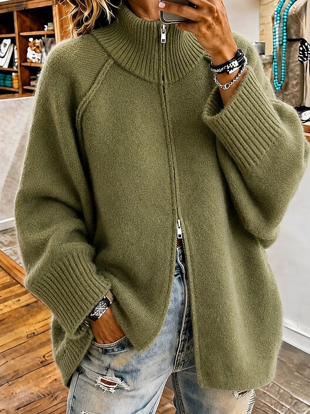 Double Zip Stand Collar Knit Cardigan