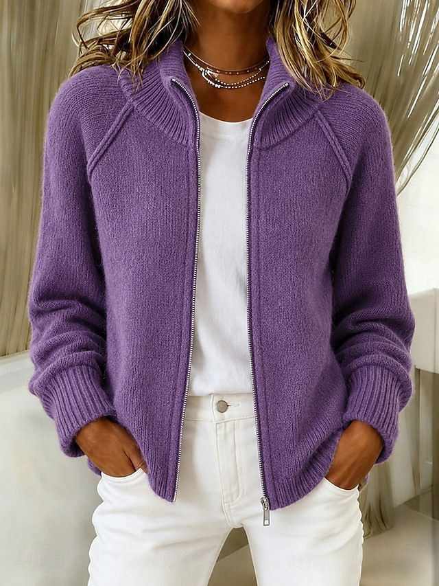 Double Zip Stand Collar Knit Cardigan