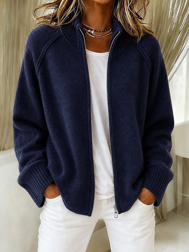 Double Zip Stand Collar Knit Cardigan