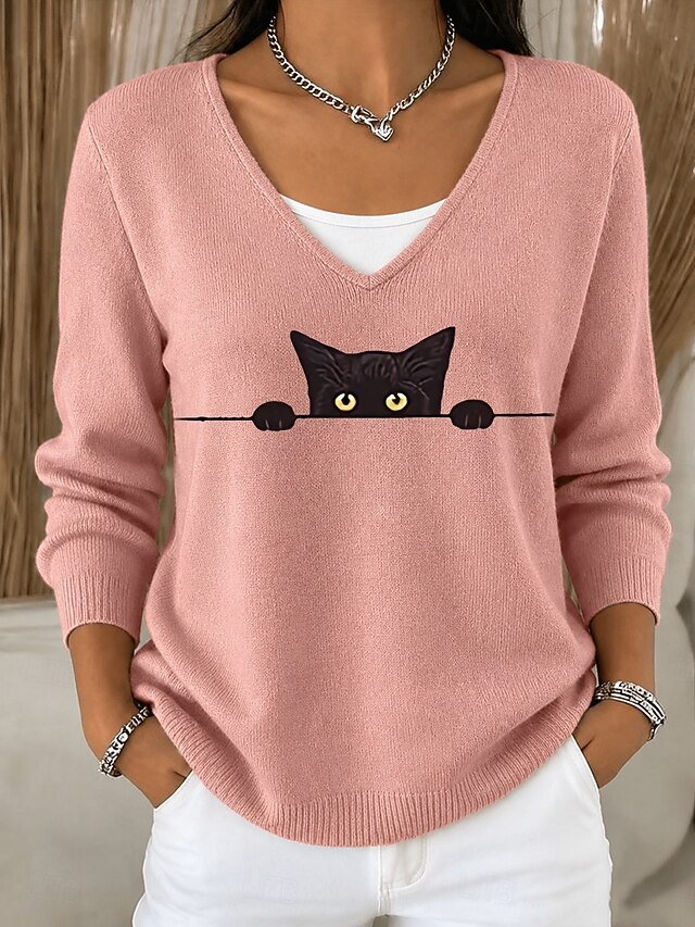 Cat Print V-Neck Long Sleeve Sweater