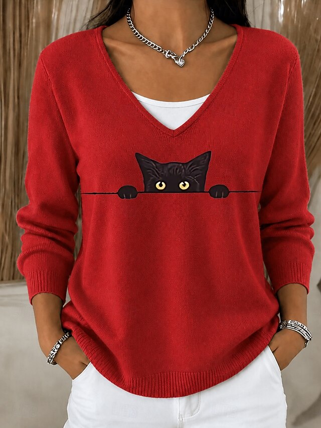 Cat Print V-Neck Long Sleeve Sweater