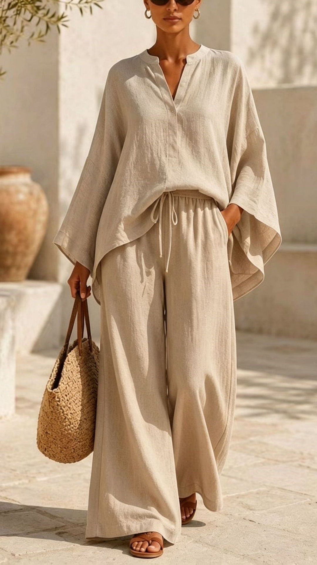 Linen Blend Batwing Sleeve Top & Drawstring Wide Leg Pants Set