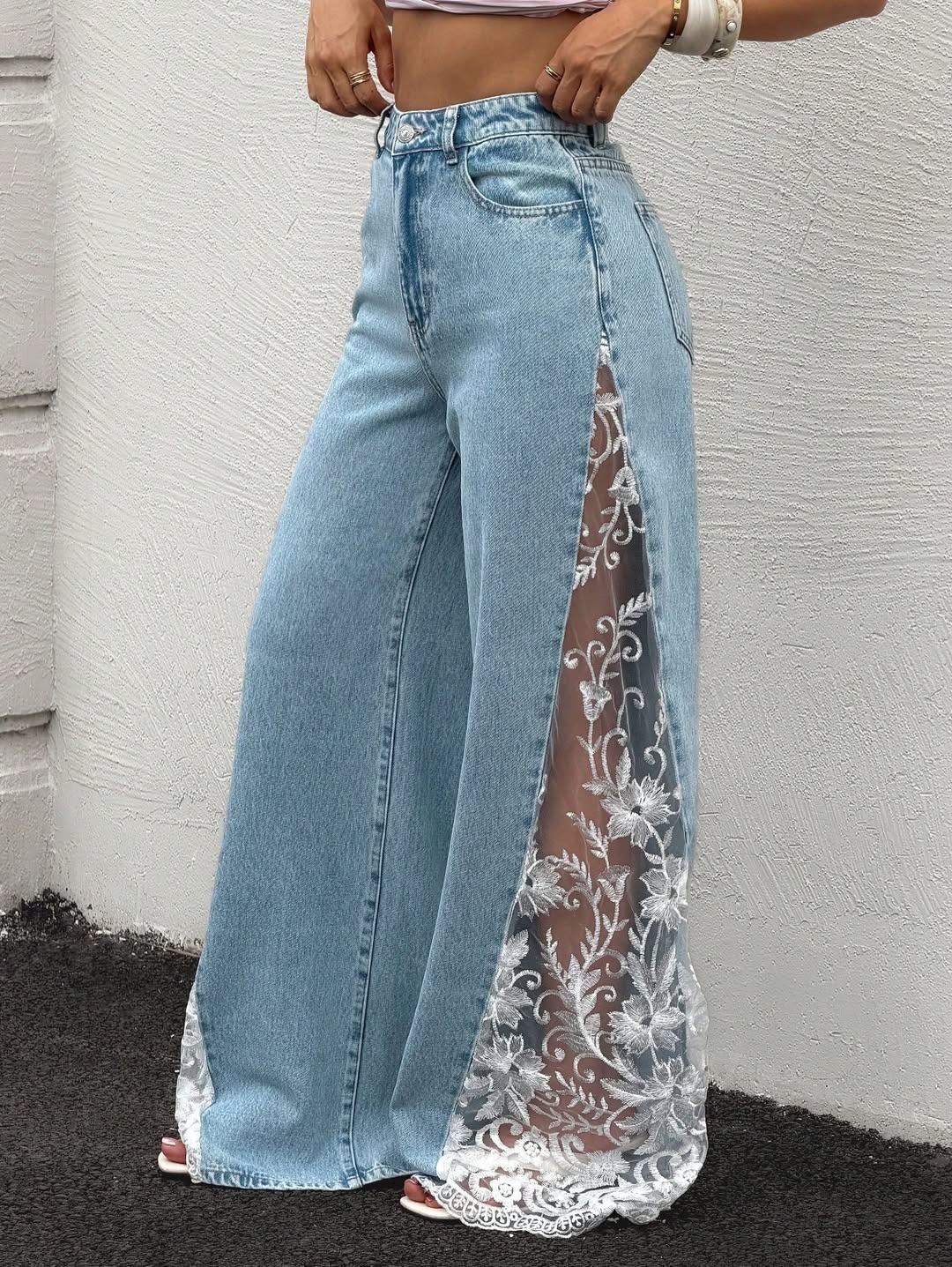 High Waist Lace Splice Wide Leg Jeans