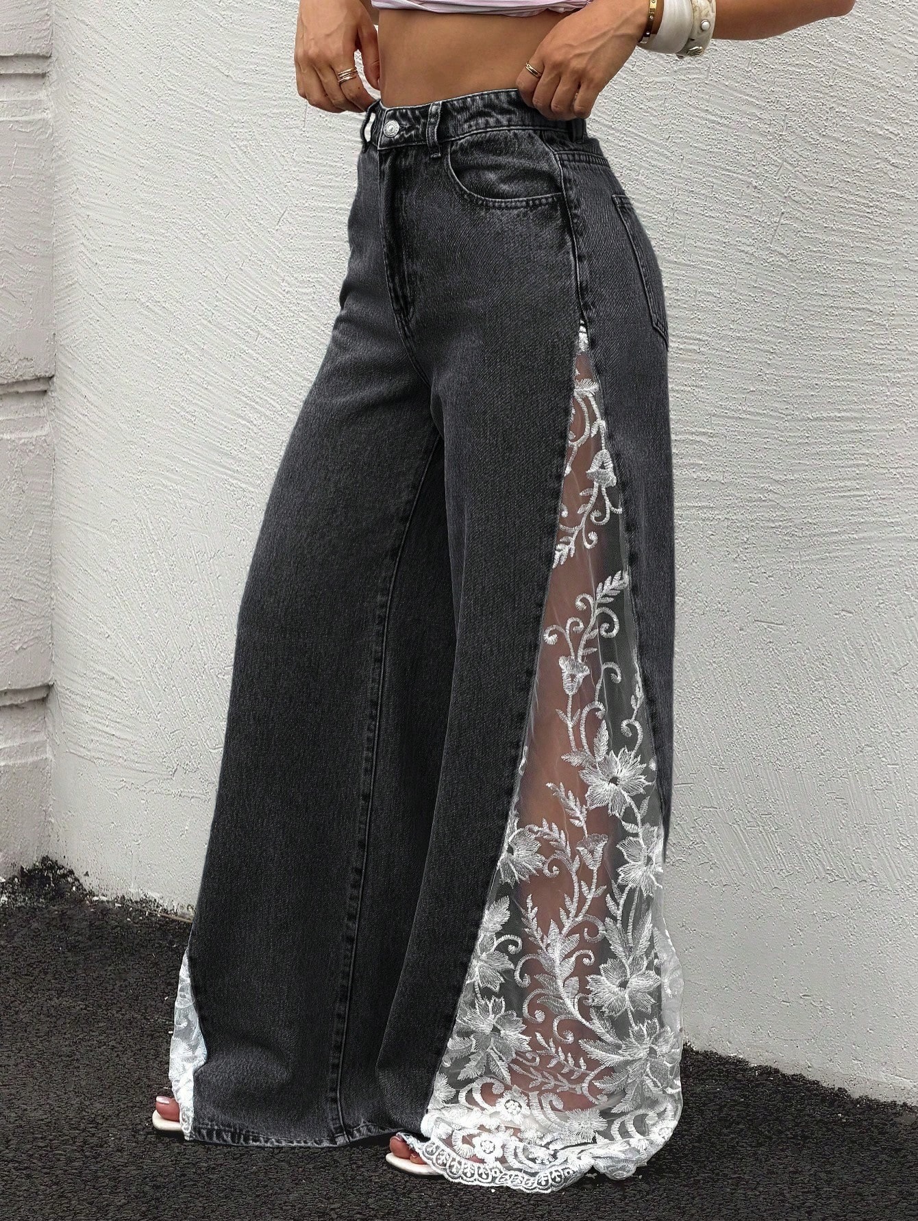 High Waist Lace Splice Wide Leg Jeans
