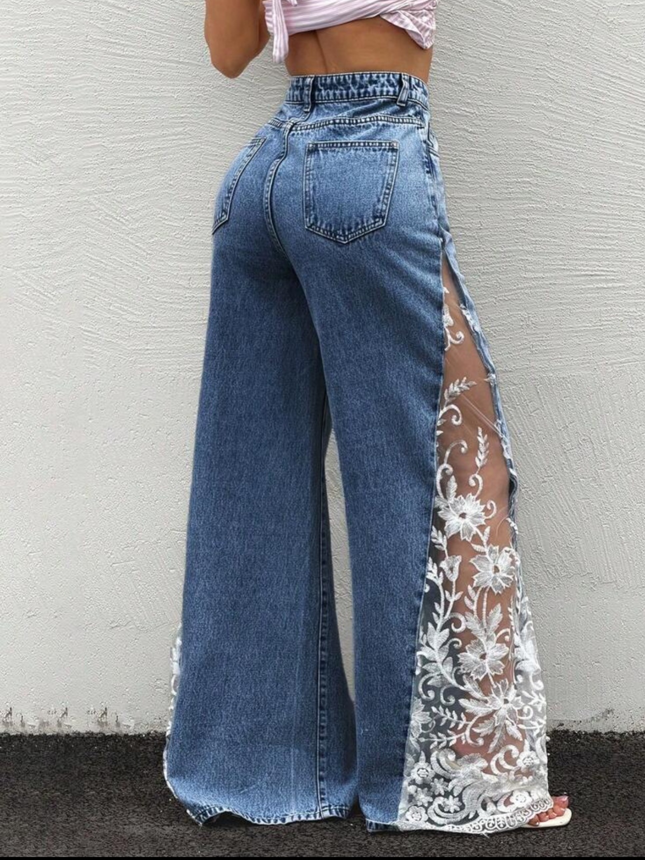 High Waist Lace Splice Wide Leg Jeans