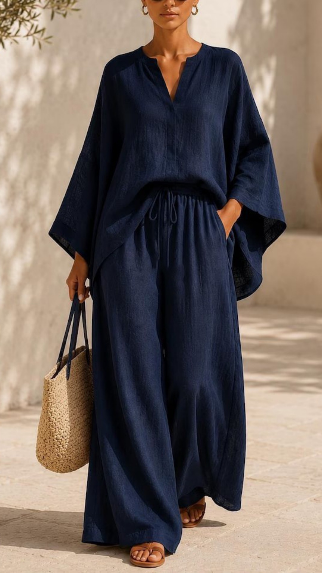 Linen Blend Batwing Sleeve Top & Drawstring Wide Leg Pants Set