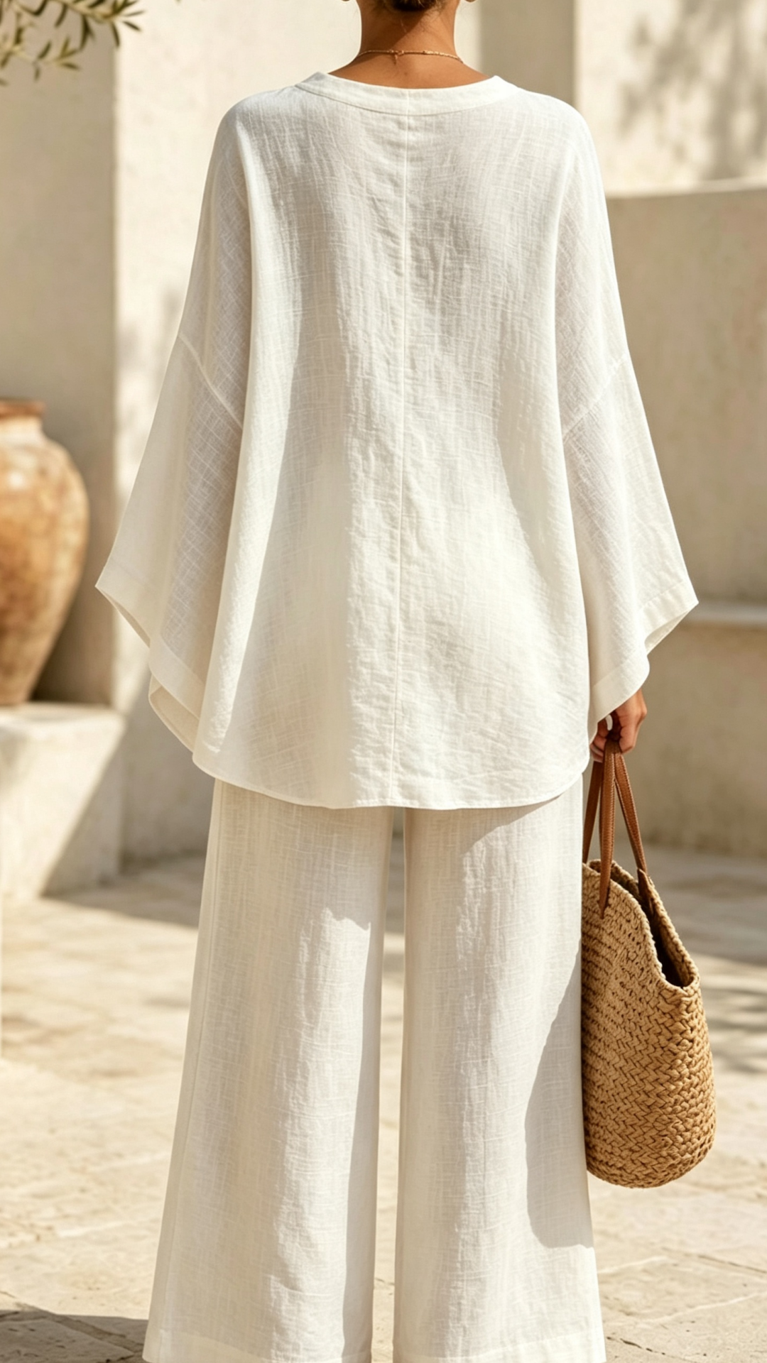 Linen Blend Batwing Sleeve Top & Drawstring Wide Leg Pants Set