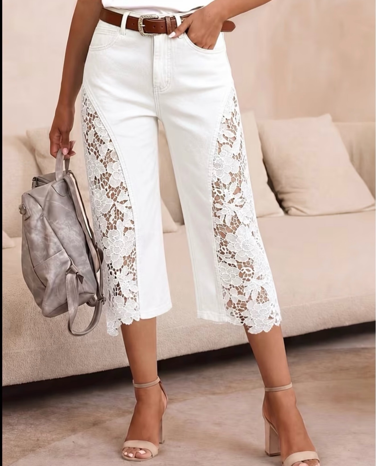 Lace Splice Denim Capri Pants