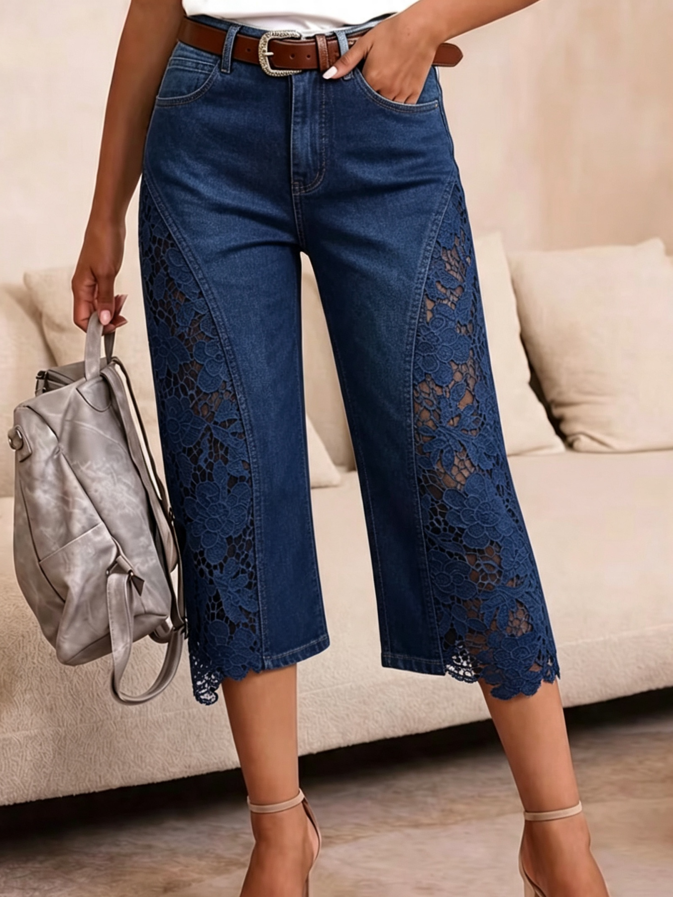 Lace Splice Denim Capri Pants