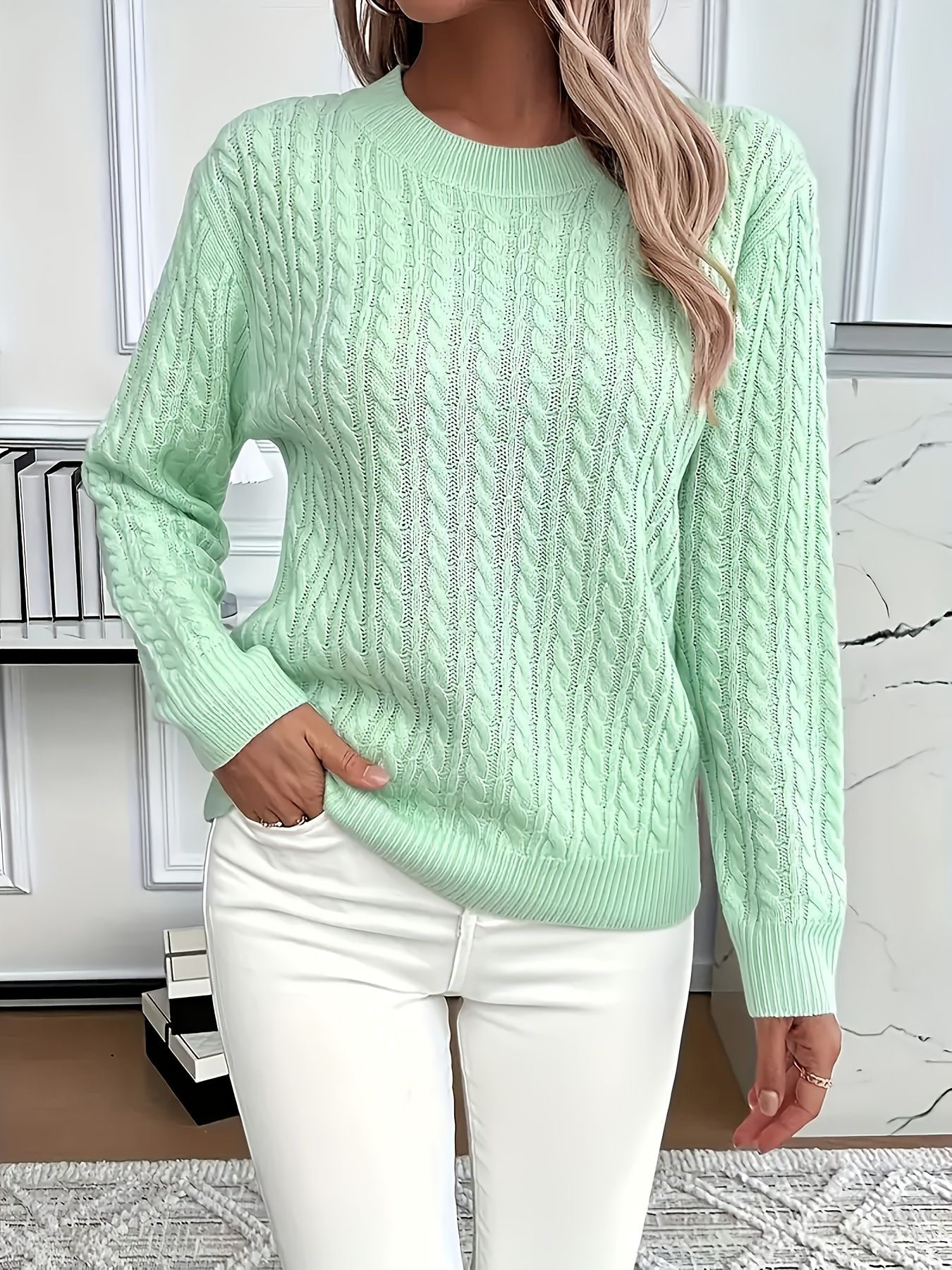 Cable Knit Crew Neck Long Sleeve Sweater