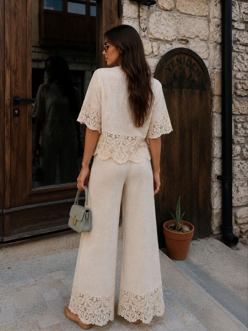 Lace Splice V-Neck Top & Wide Leg Pants Set