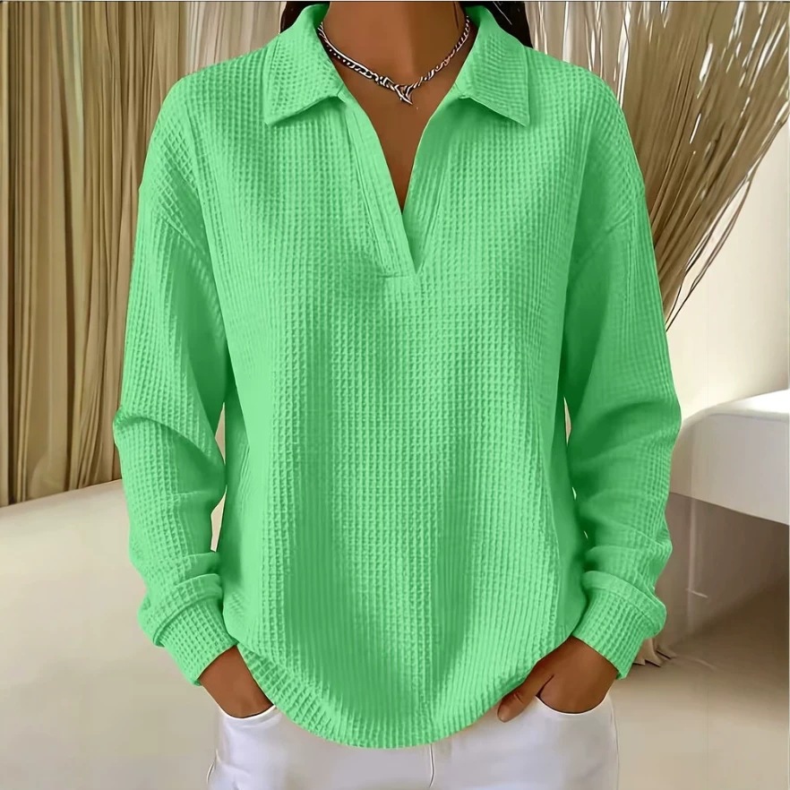 Waffle Knit Collared V-Neck Long Sleeve Top