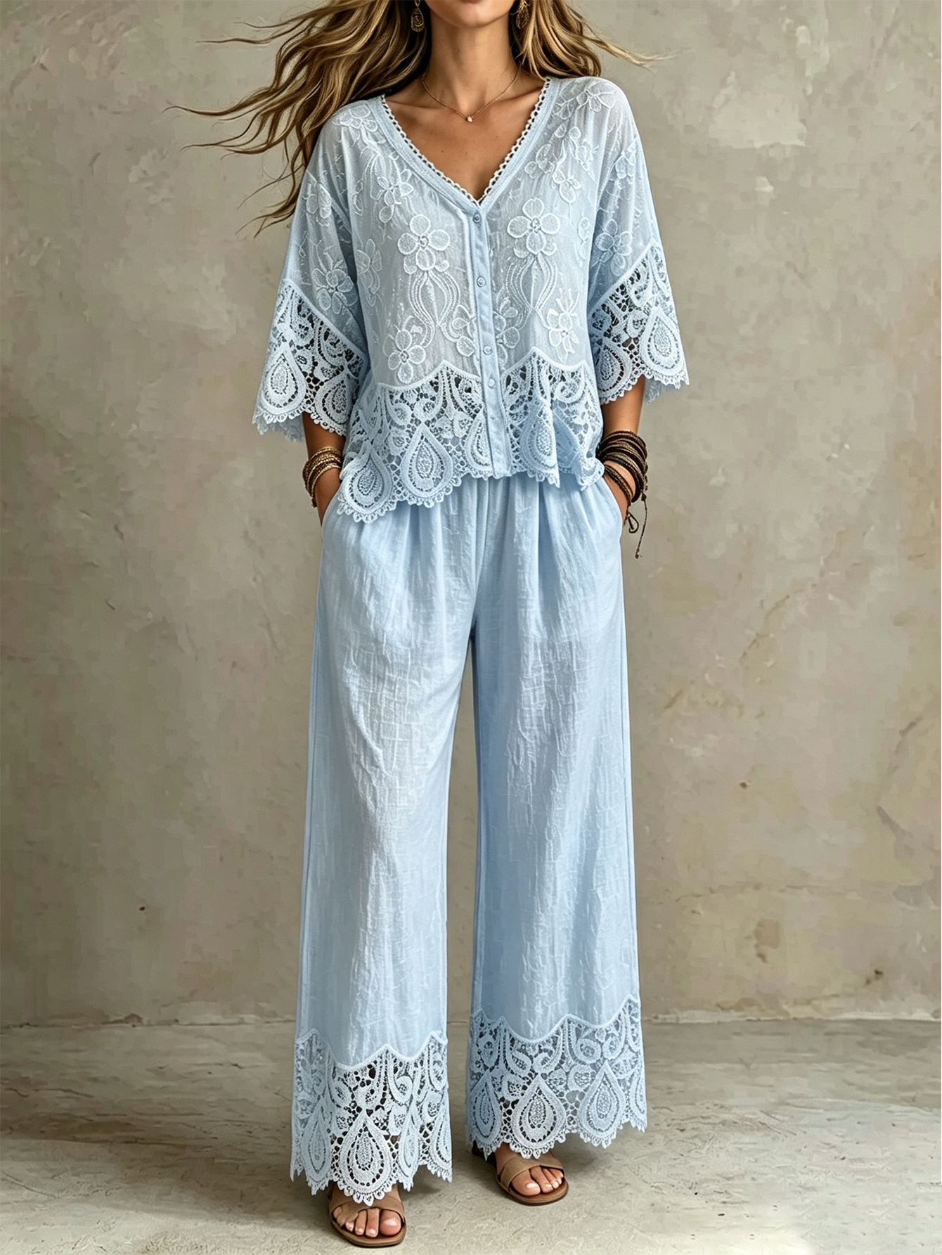 Lace Splice V-Neck Top & Wide Leg Pants Set