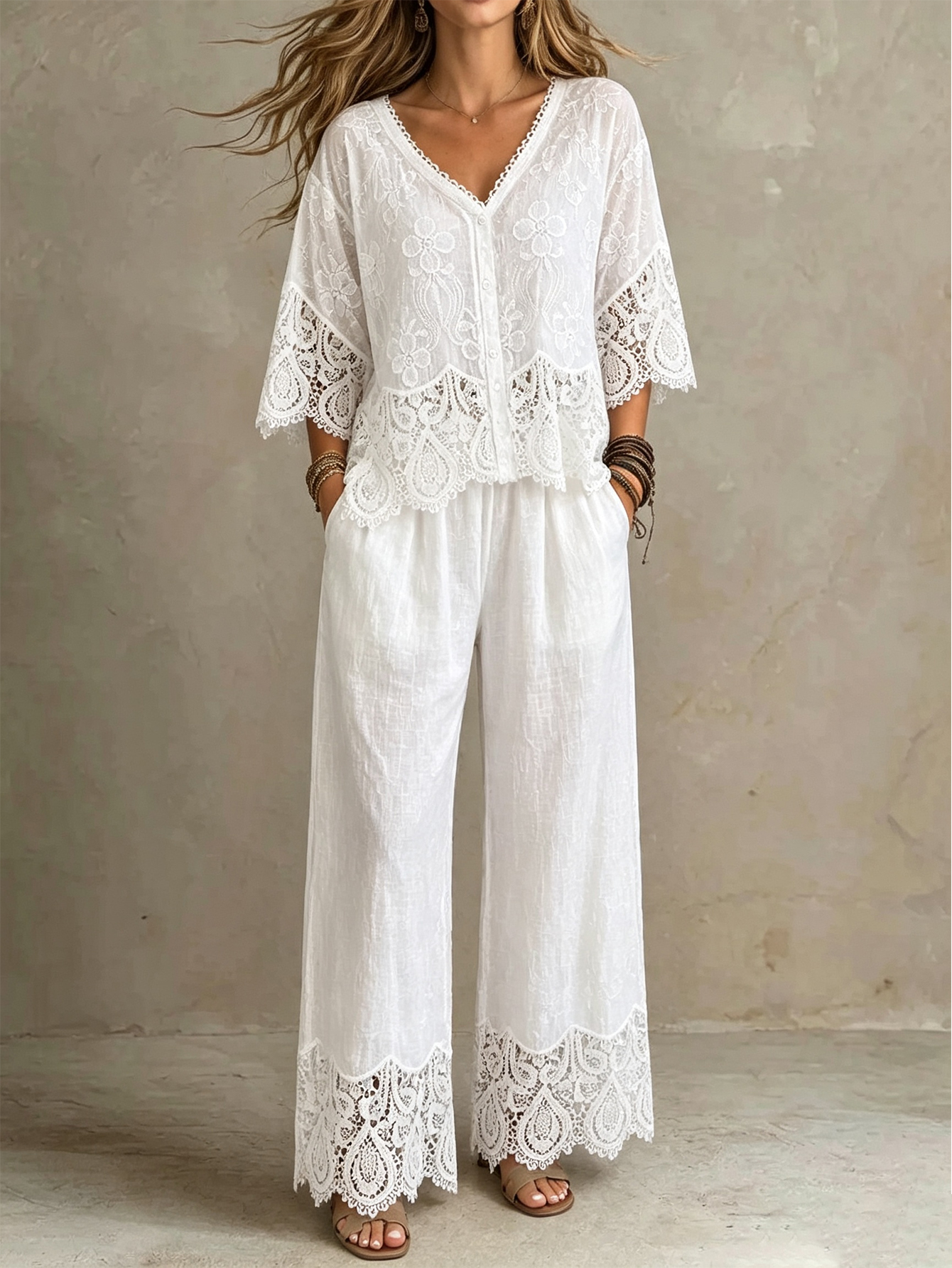 Lace Splice V-Neck Top & Wide Leg Pants Set