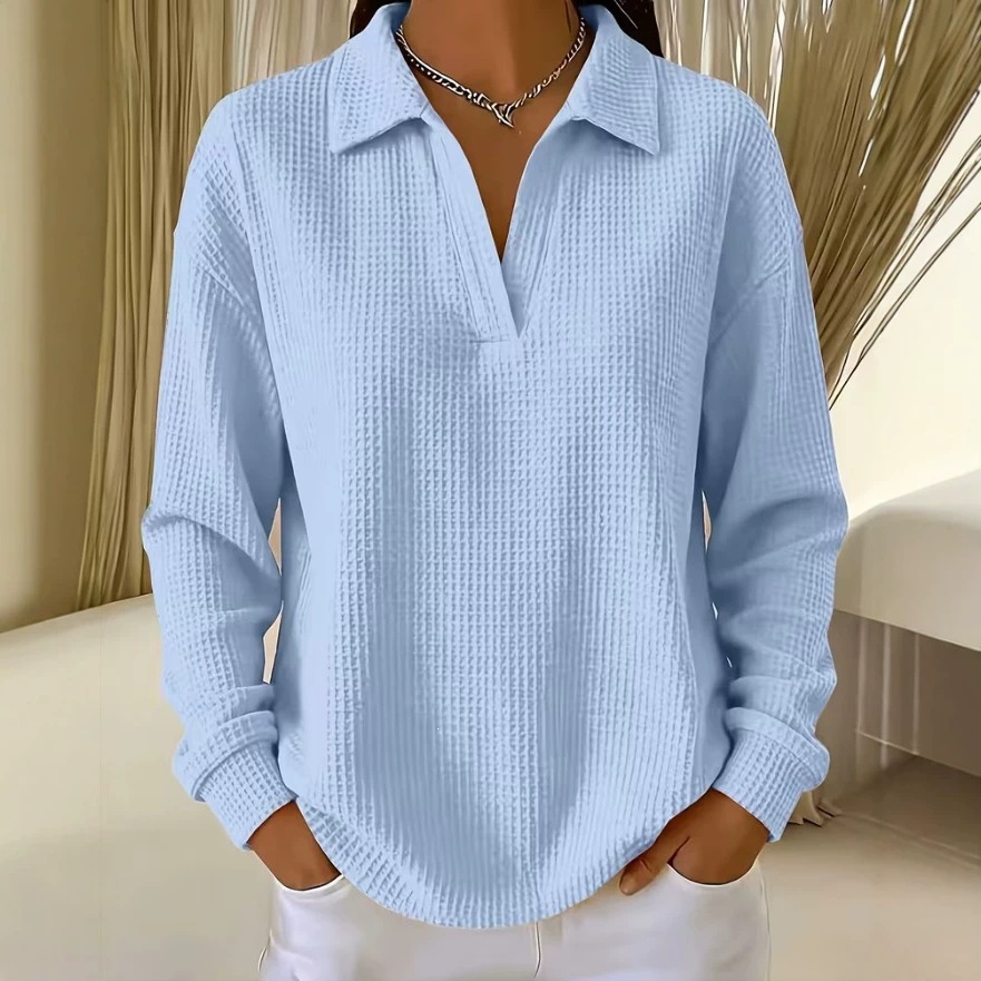Waffle Knit Collared V-Neck Long Sleeve Top