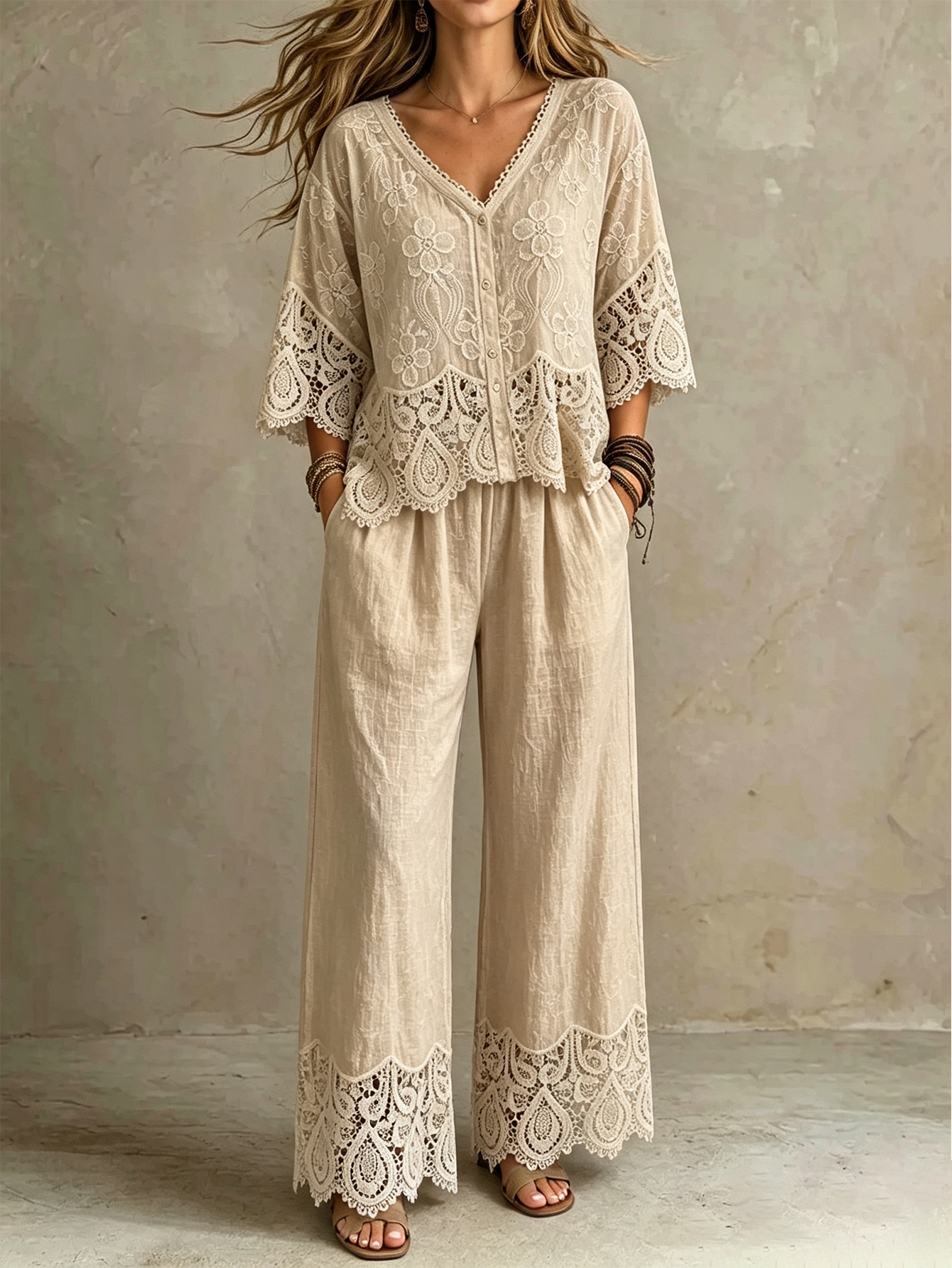 Lace Splice V-Neck Top & Wide Leg Pants Set