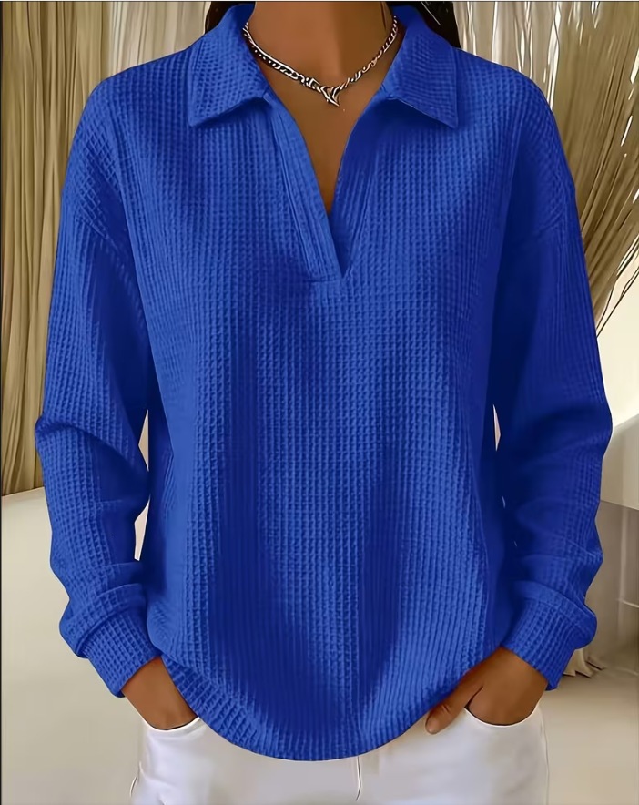 Waffle Knit Collared V-Neck Long Sleeve Top