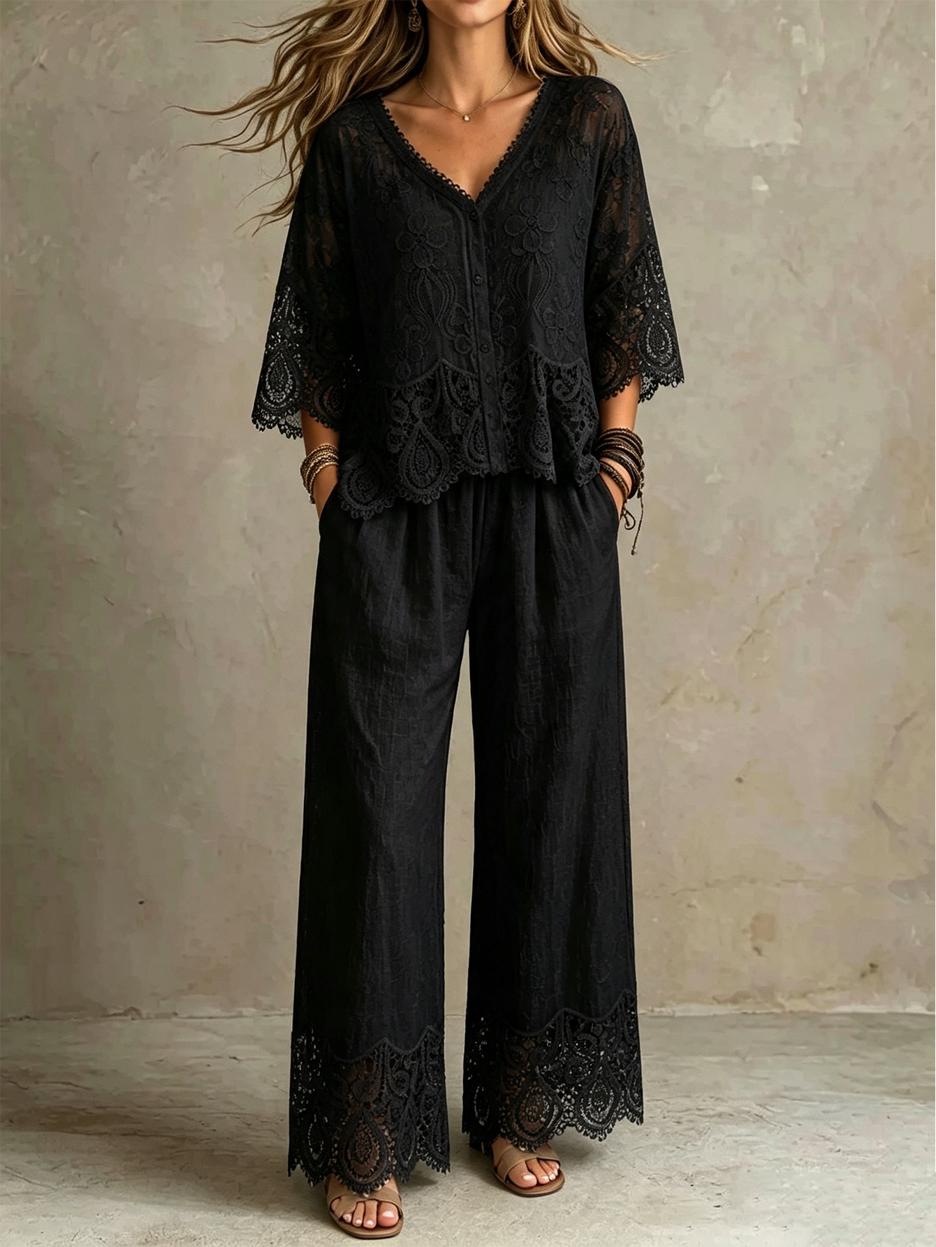 Lace Splice V-Neck Top & Wide Leg Pants Set