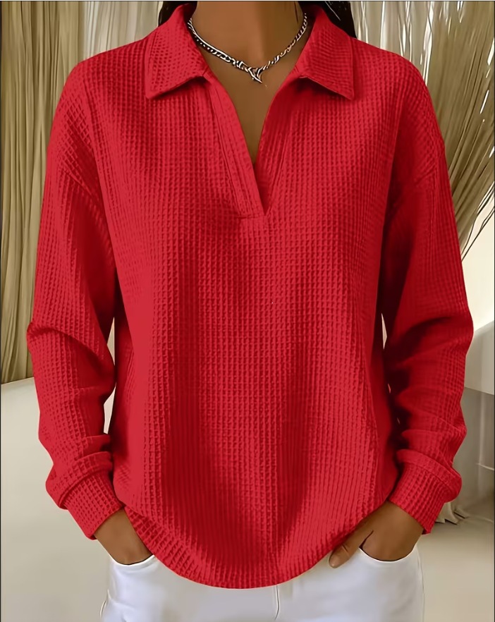 Waffle Knit Collared V-Neck Long Sleeve Top