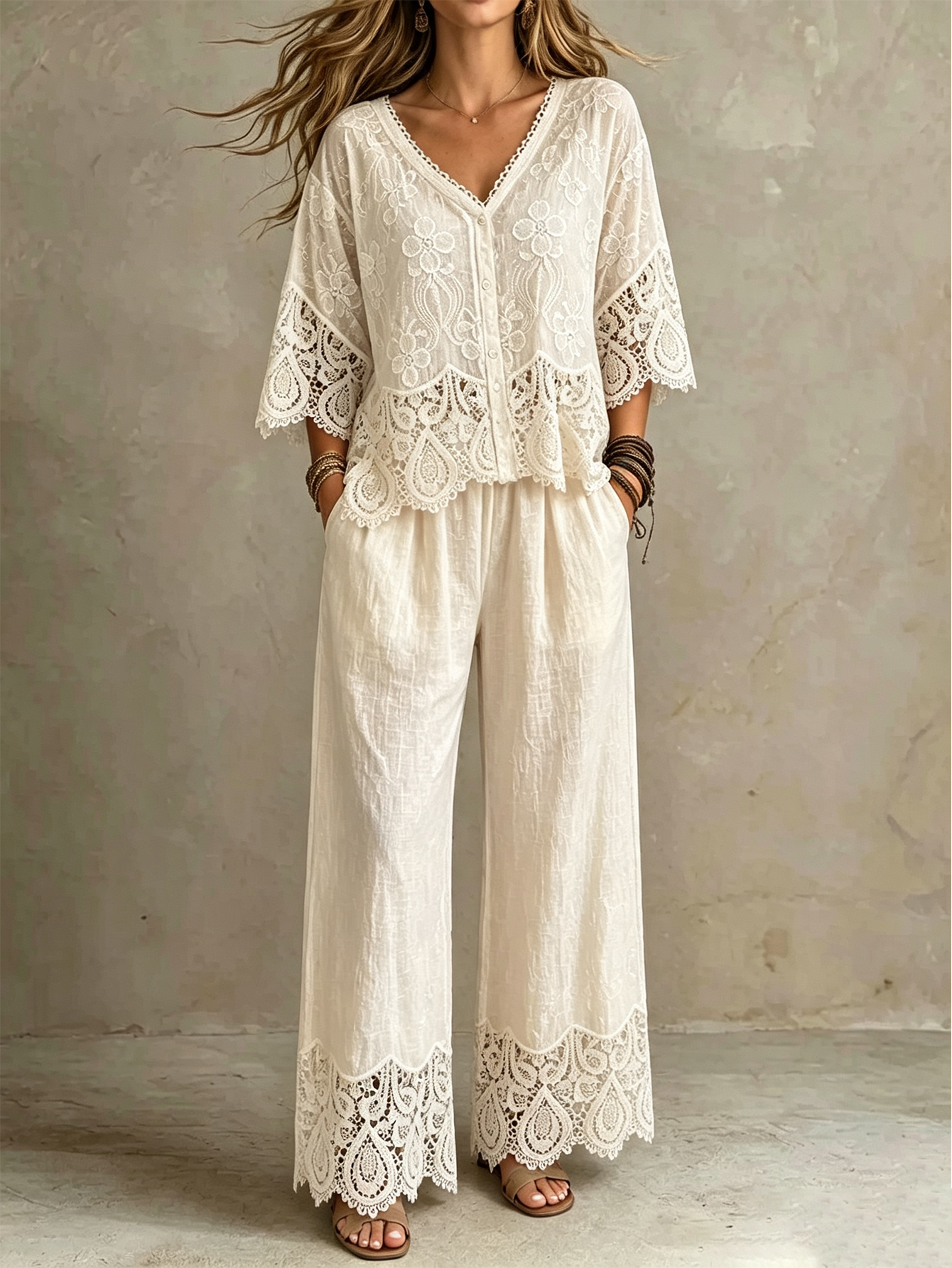 Lace Splice V-Neck Top & Wide Leg Pants Set