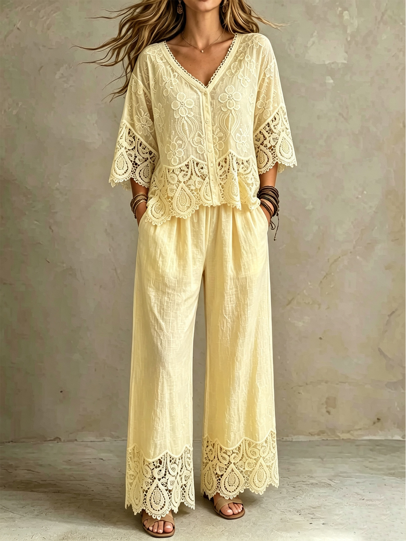 Lace Splice V-Neck Top & Wide Leg Pants Set